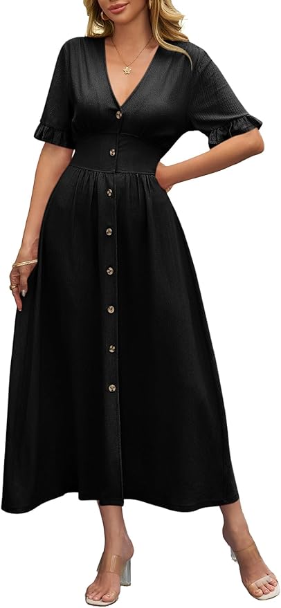 Summer Dress Women's Knee-Length Short Sleeve Blouse Dress Elegant V-Neck Midi Dress Casual Wrap Dress Beach Dress with Pockets