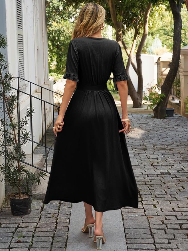Summer Dress Women's Knee-Length Short Sleeve Blouse Dress Elegant V-Neck Midi Dress Casual Wrap Dress Beach Dress with Pockets