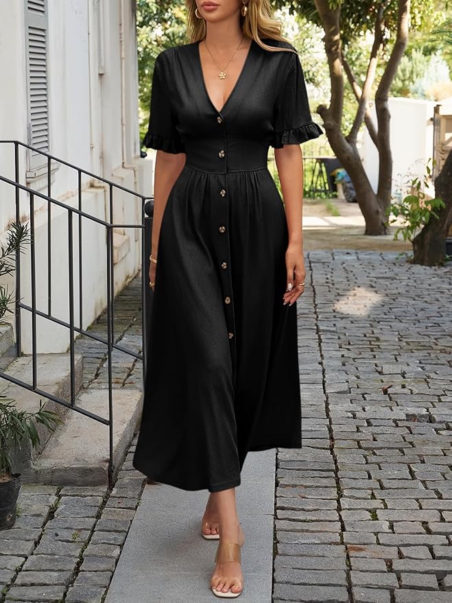 Summer Dress Women's Knee-Length Short Sleeve Blouse Dress Elegant V-Neck Midi Dress Casual Wrap Dress Beach Dress with Pockets